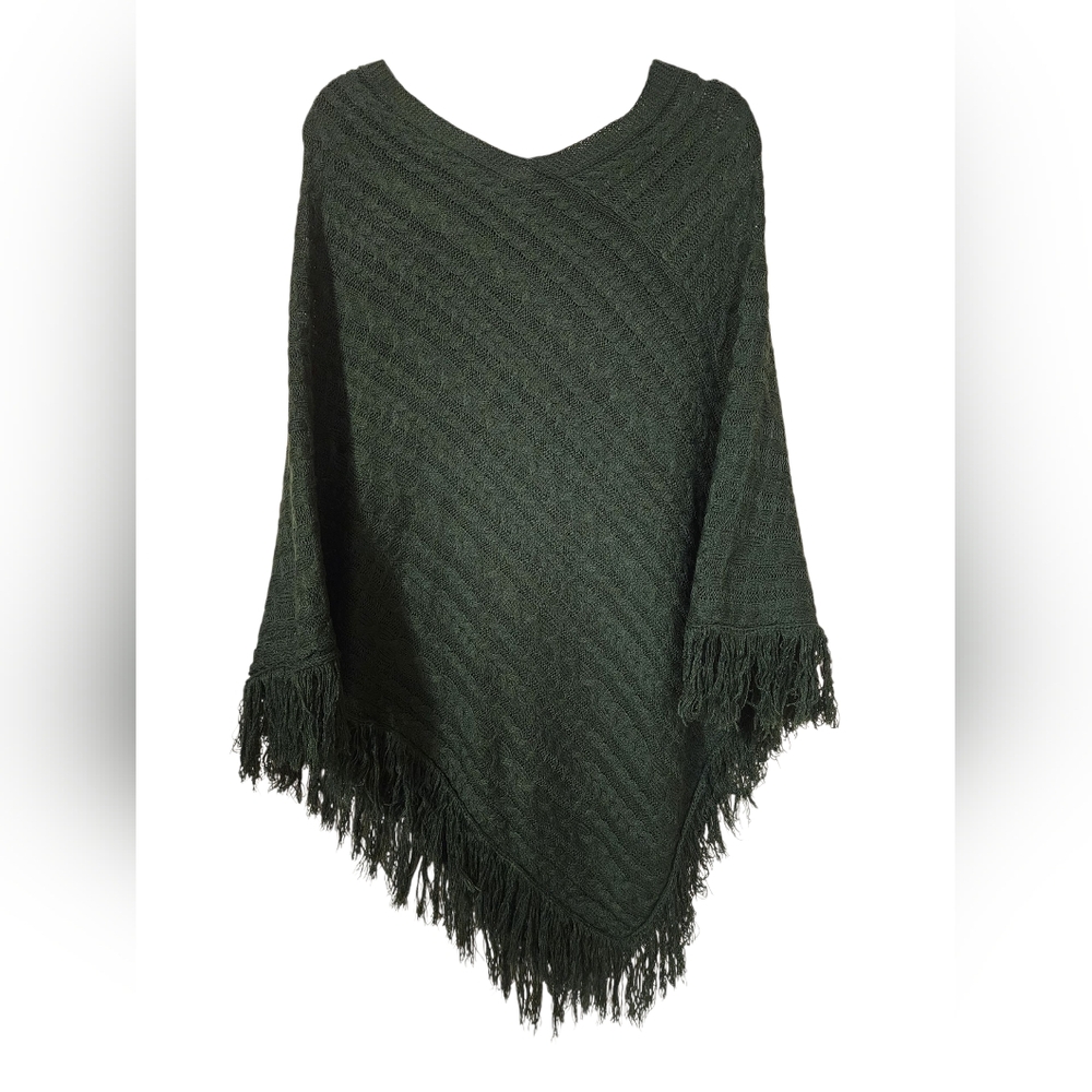 Green Fringed Knit Poncho